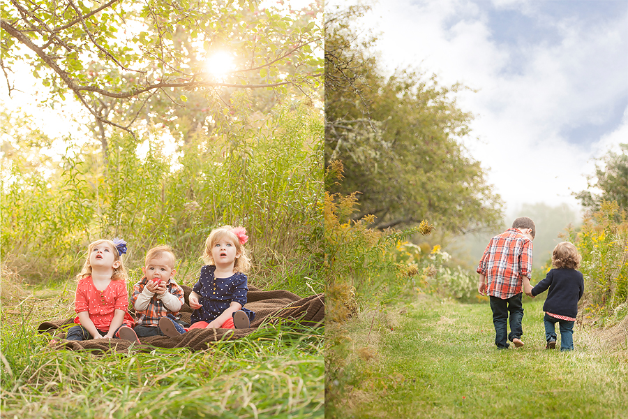 two picture side by side with children playing in the grass
