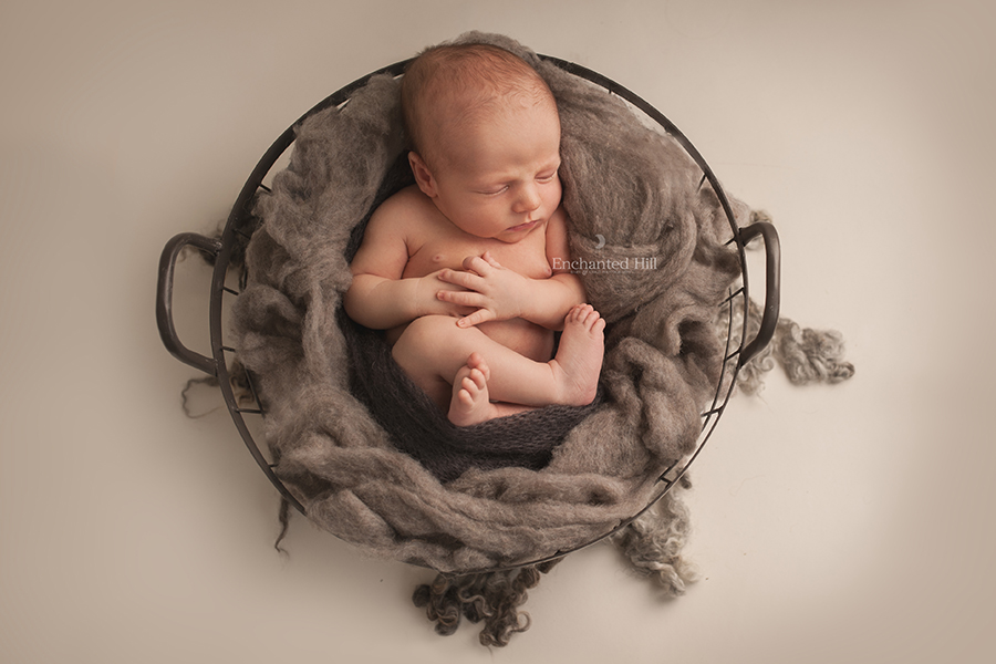 newborn baby in a basket of grey wool