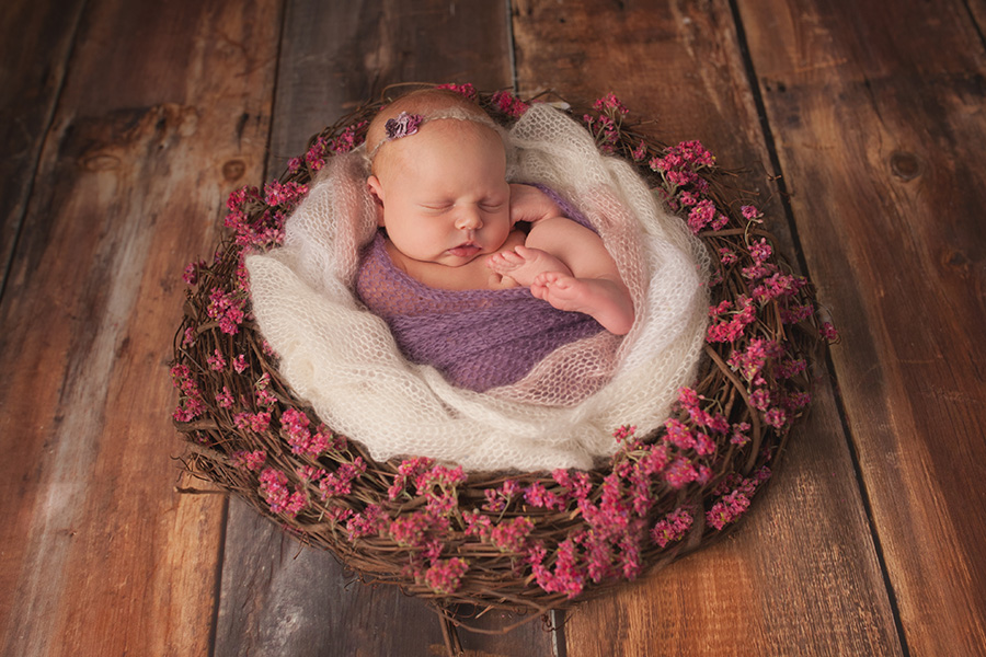 newborn girl wrapped in purple wrap and flowers