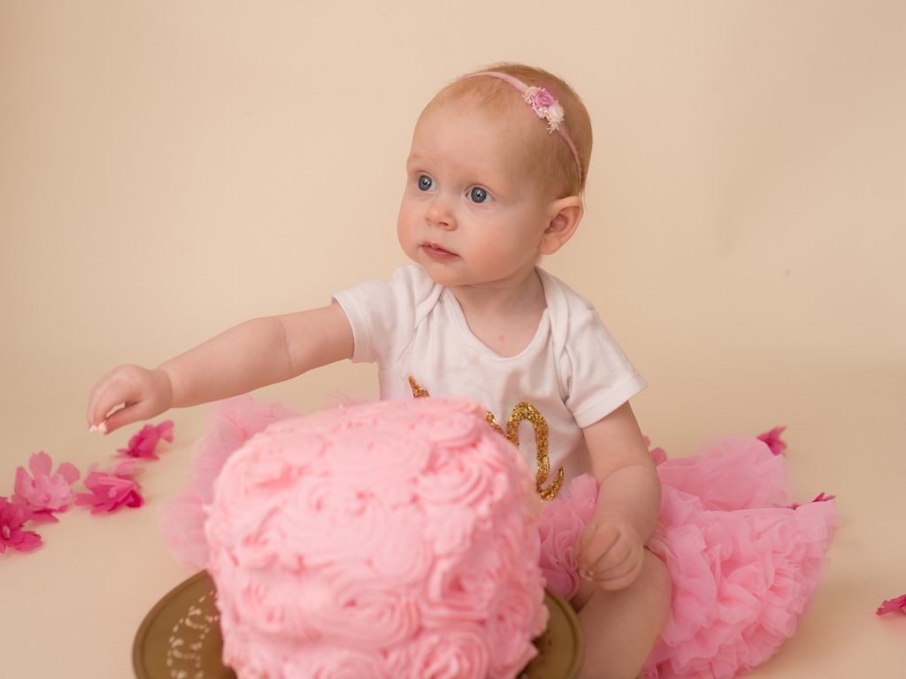 Saint John Photographer little girl sitting in front of a pink cake