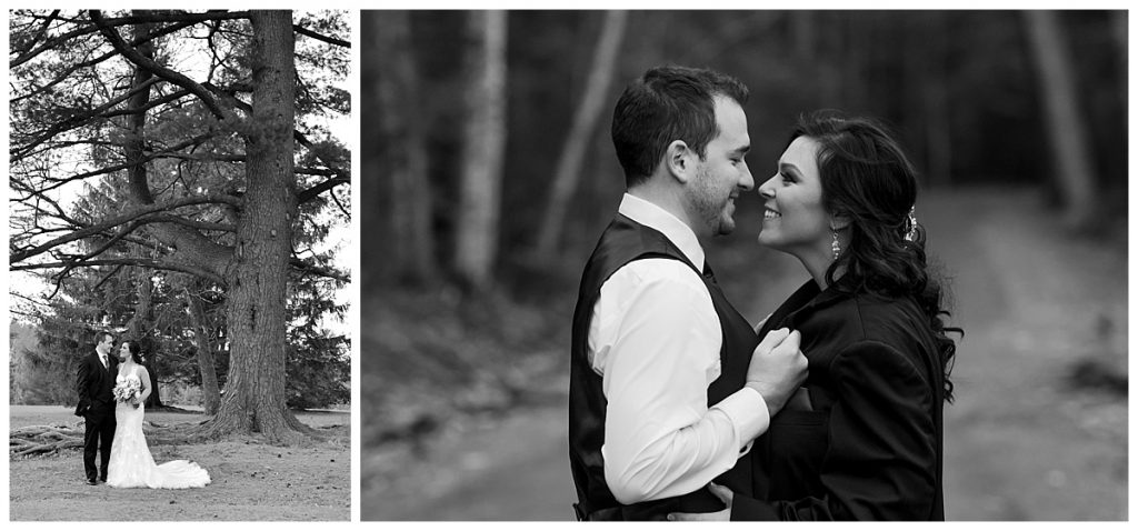 black and white image of a bride and groom standing together in Odell Park