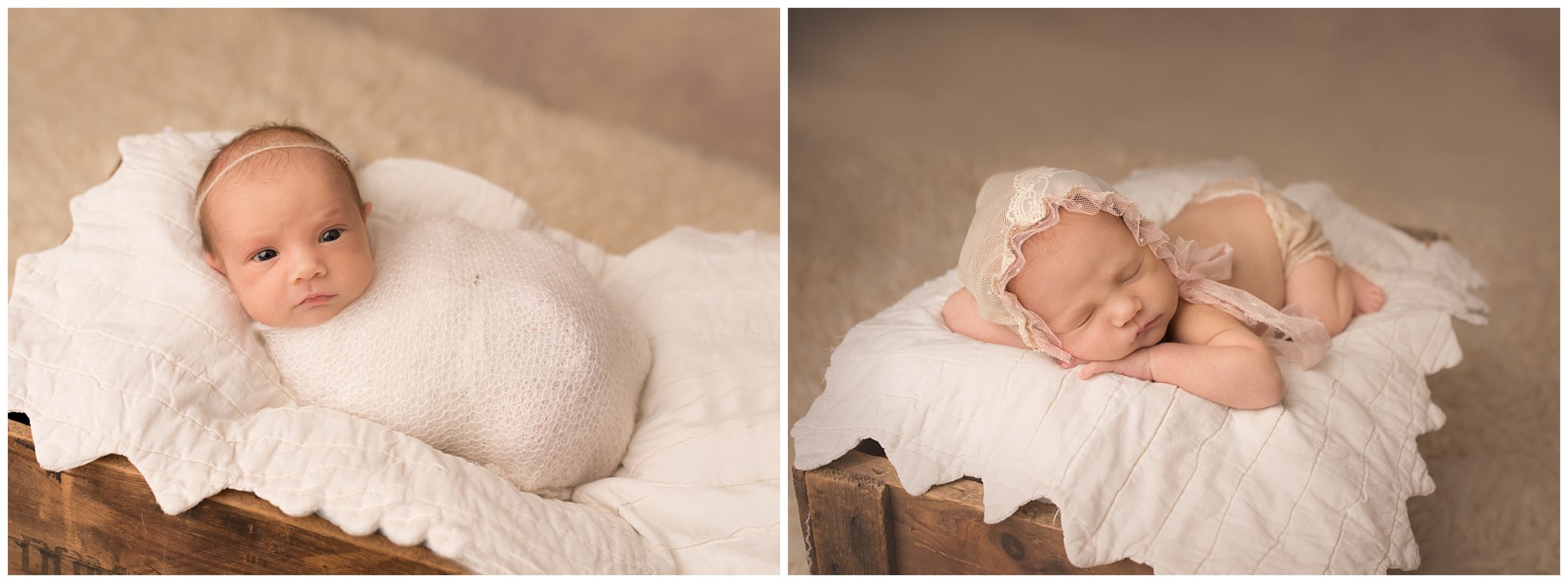 picture of a sleeping baby girl wrapped in cream blankets