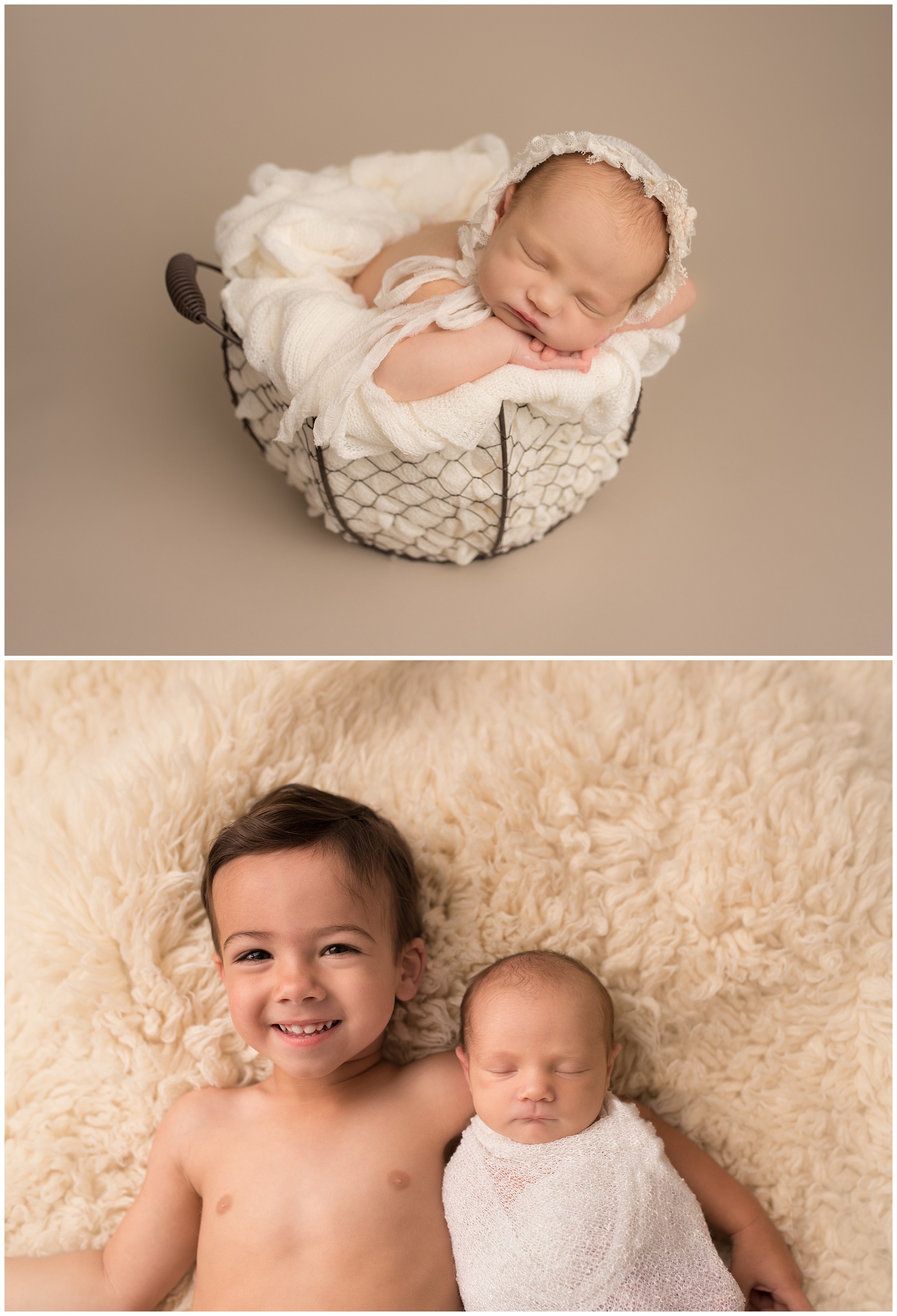 baby girl sleeping in an egg basket and with her older toddler brother