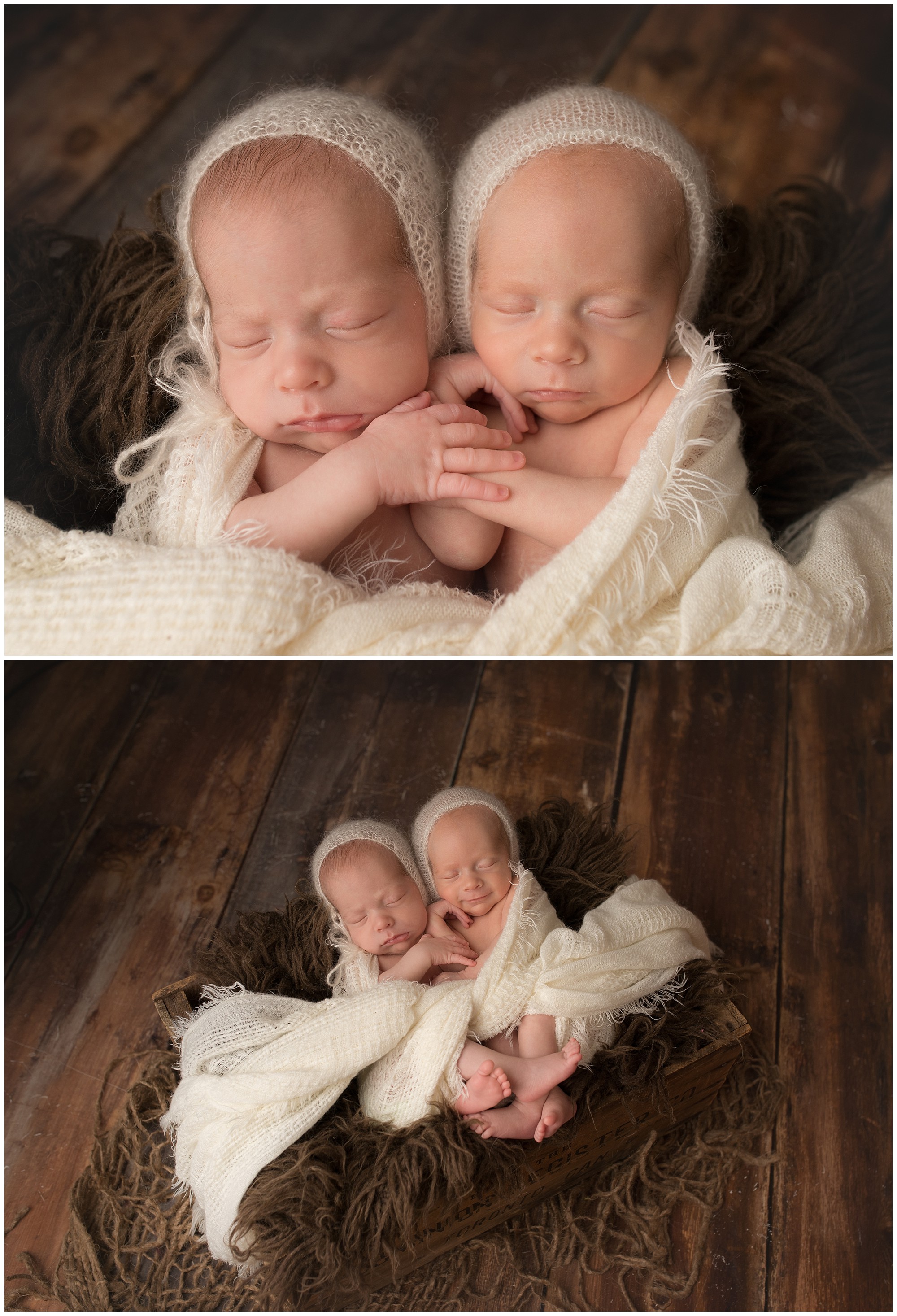 newborn twin boys curled up together and sleeping