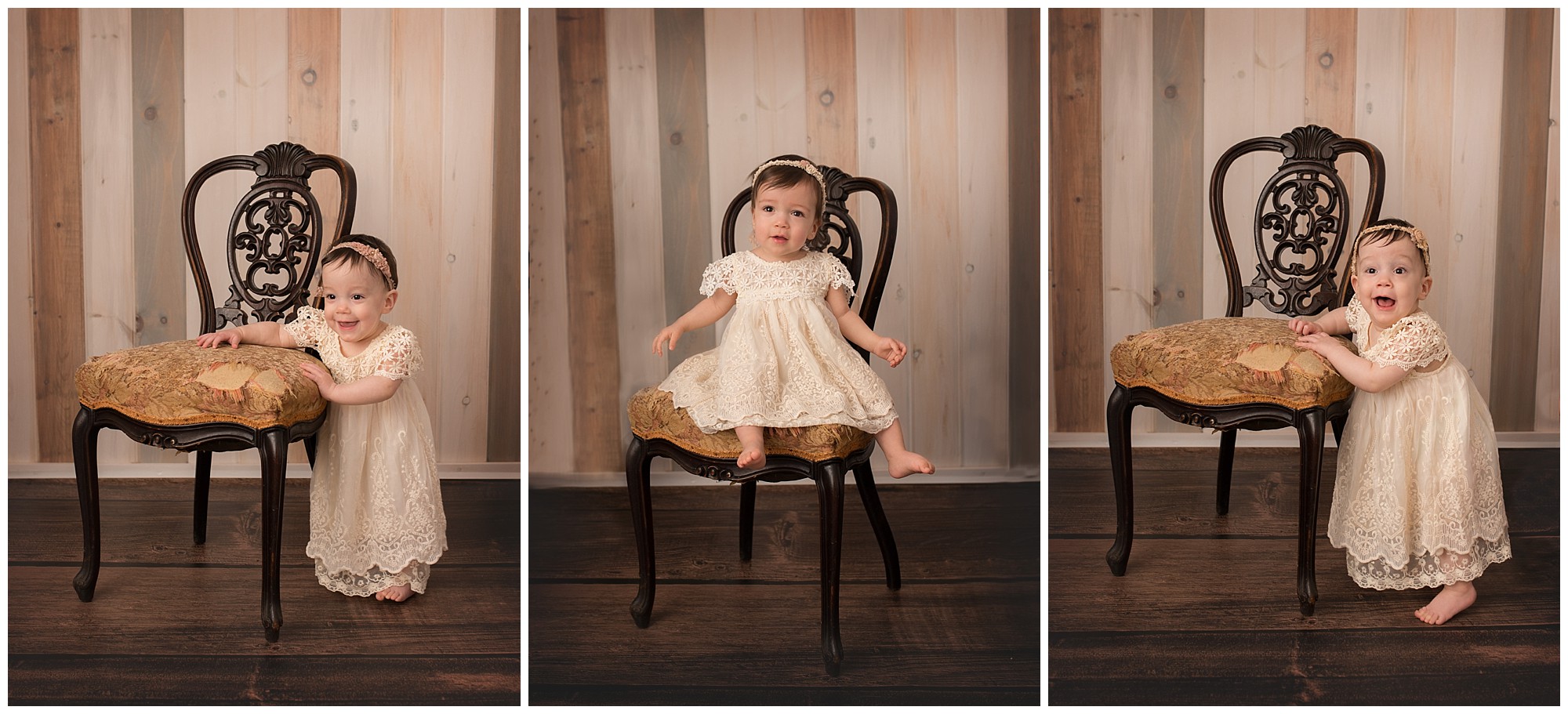 triplets girls in lace dresses by a vintage chair