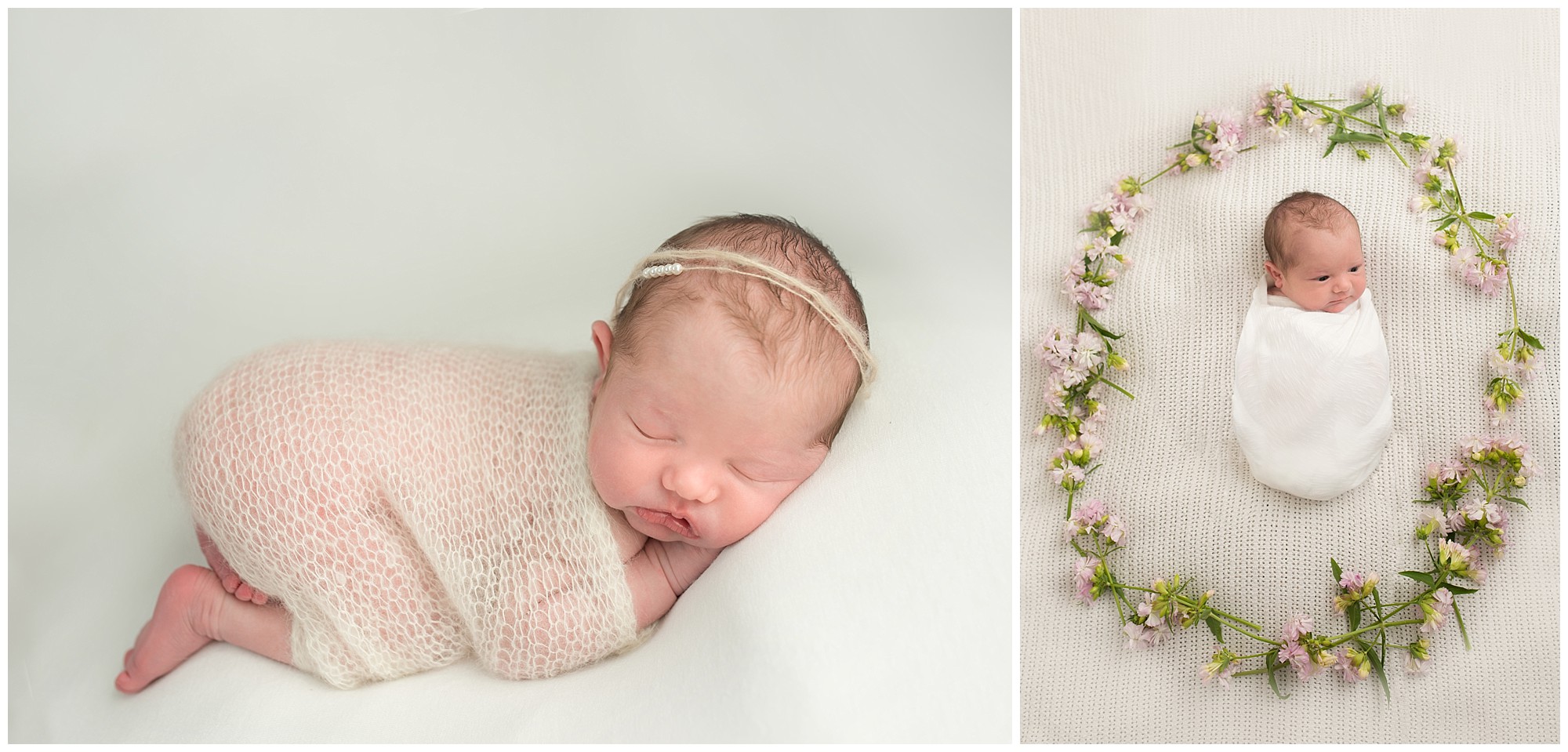 baby on white blankets with natural will flowers around her