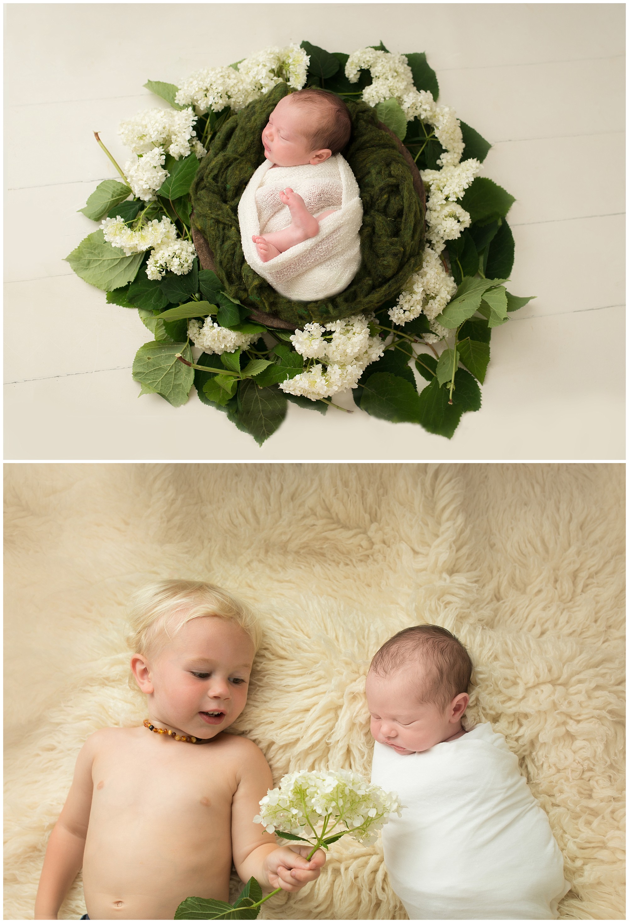 newborn baby in hydrangeas and with her toddler brother on a cream fur rug