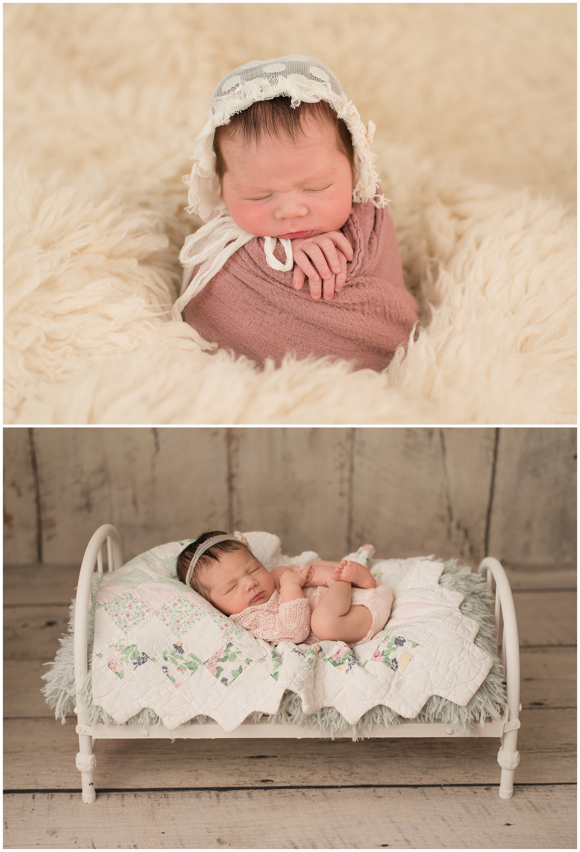 sleepy baby girl being posed for a newborn session with a photographer in a studio