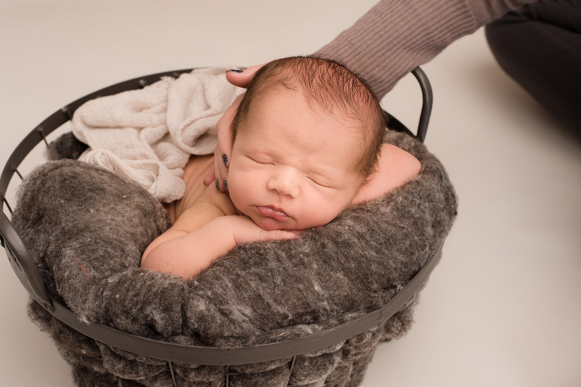 newborn baby being posed in a basket and someone is next to him keeping him safe