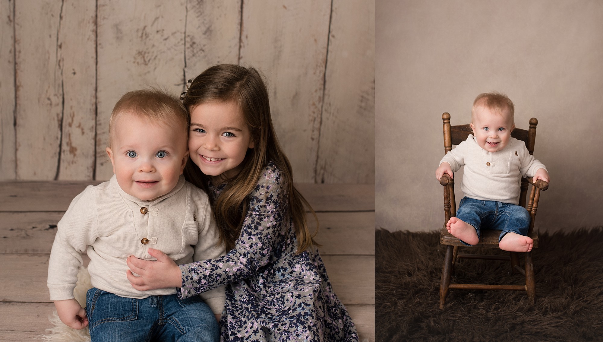 a one year old and his toddler sister sit in a studio for pictures