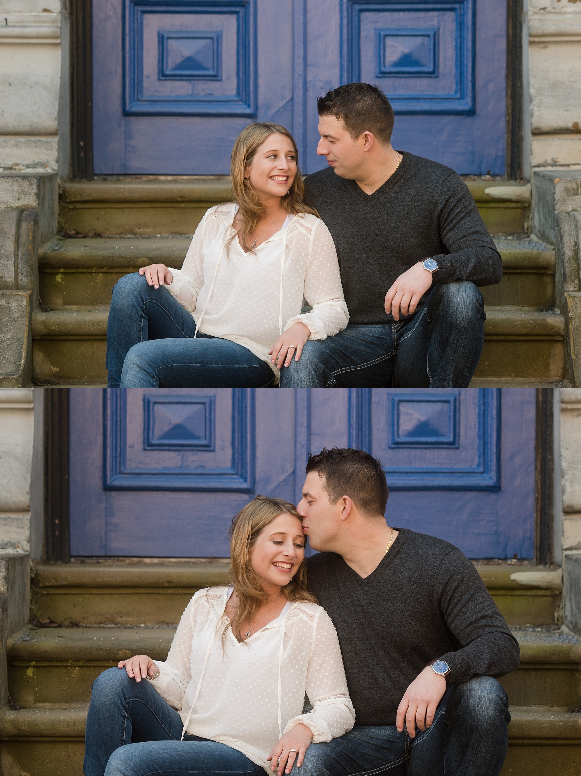 uptown Saint John blue door couple pose on steps