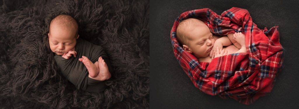 newborn session in Saint John wrapped in a red plaid shirt 