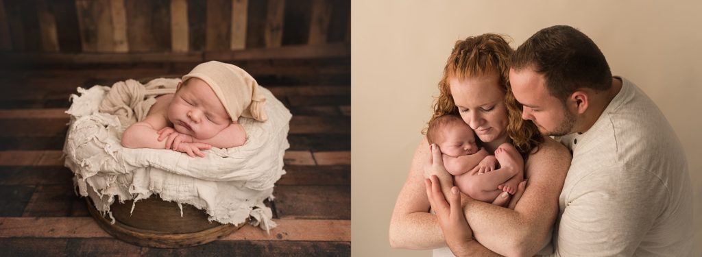 two pictures of a baby during a newborn session 