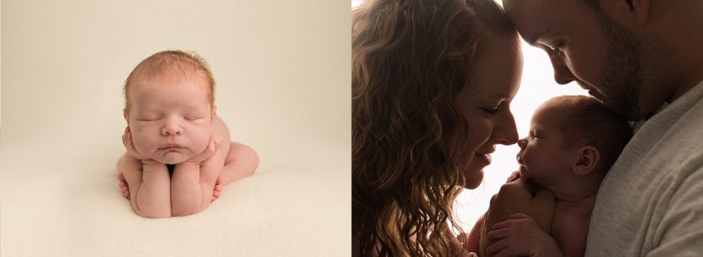 two picture of a baby, one picture the baby in a in a frog pose and the other the parents are holding him