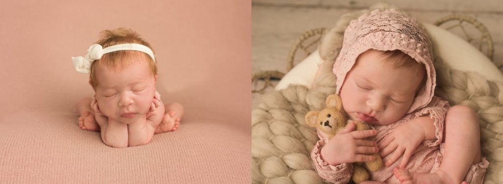 two pictures of a red head baby girl