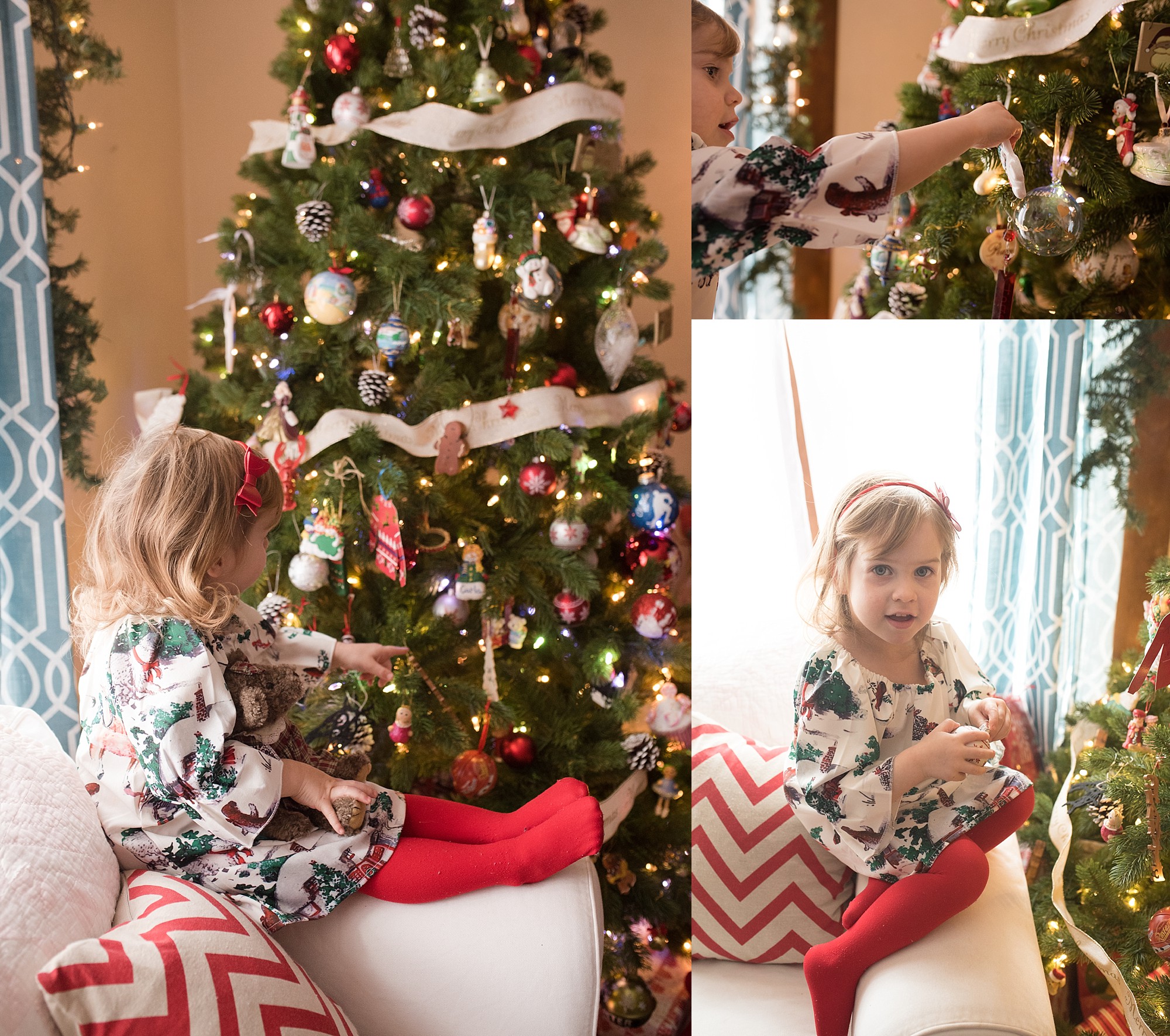 collage of little girl sitting by a tree wearing red leotards