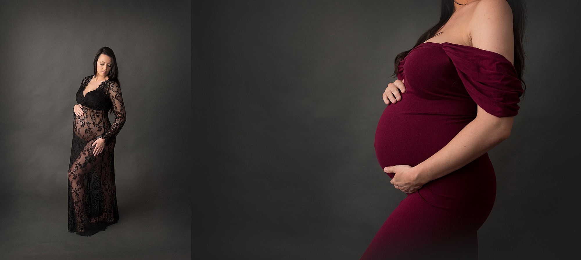 pregnant woman wearing two dresses and posing for her pictures