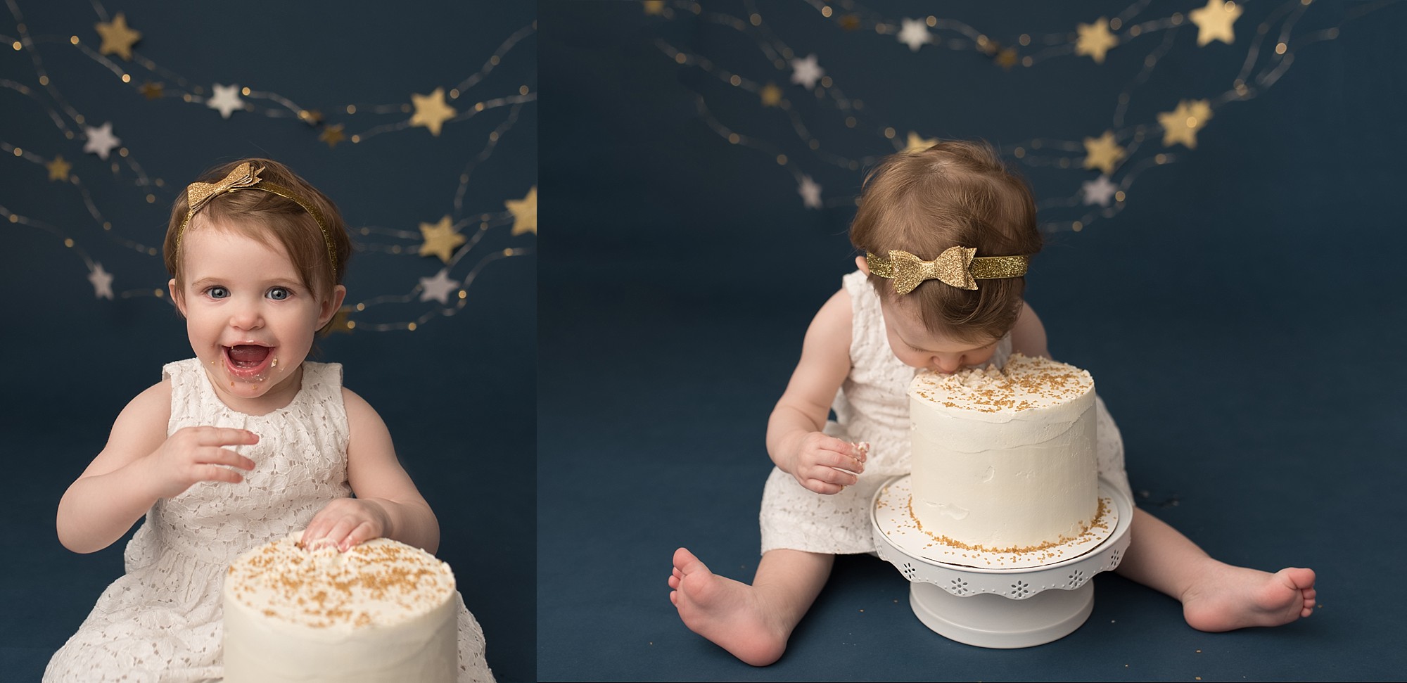 little girl biting a cake with no hands