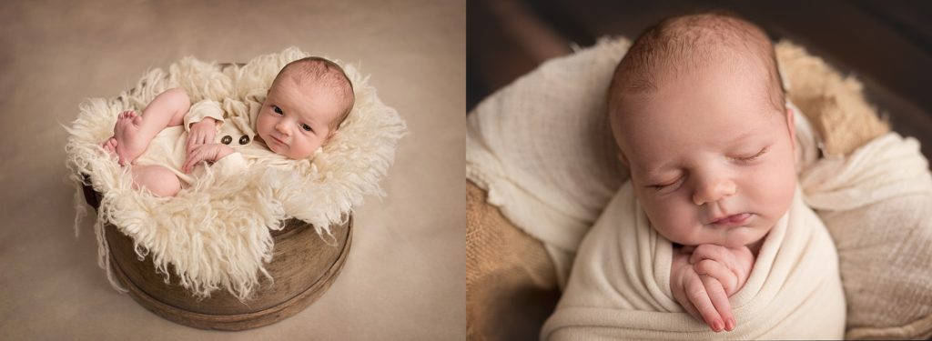 two pictures of a baby. One baby has his eyes open and the other baby is sleeping with his hands folded