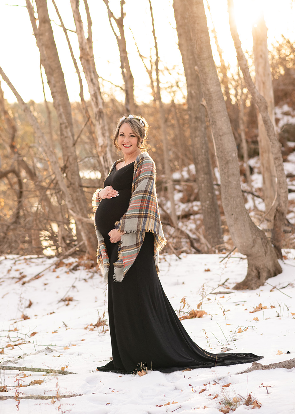 maternity gown paired with a plaid scarf for winter maternity pictures
