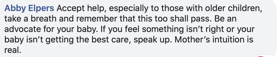 a screen capture from Facebook from a mother telling a new mom to accept help