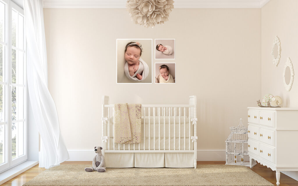 Framed prints of a newborn n a newborn nursery