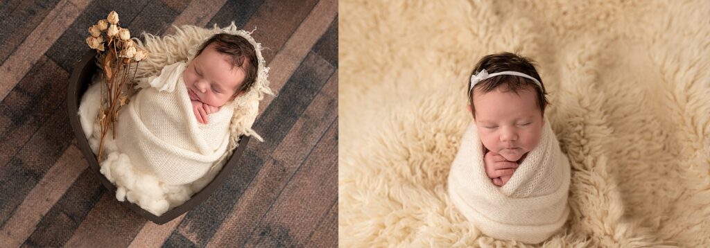 two pictures of a newborn baby girl wrapped in a cream scarf 