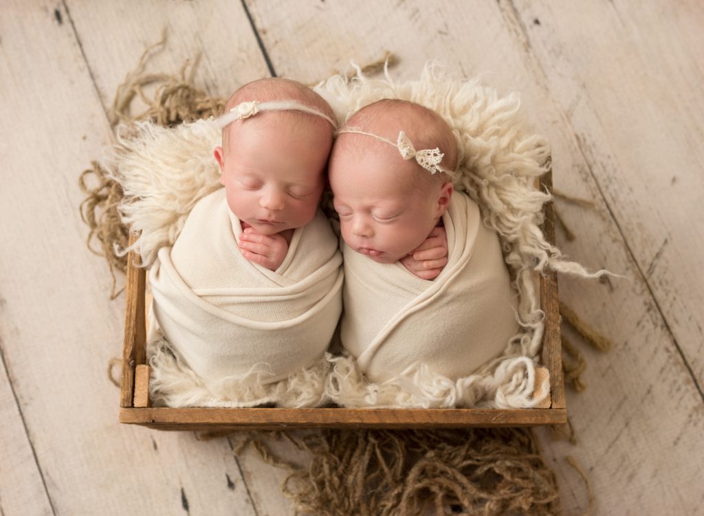 Twins wrapped in cream blankets and sleeping in a small wood box in a Saint John photography studio. 