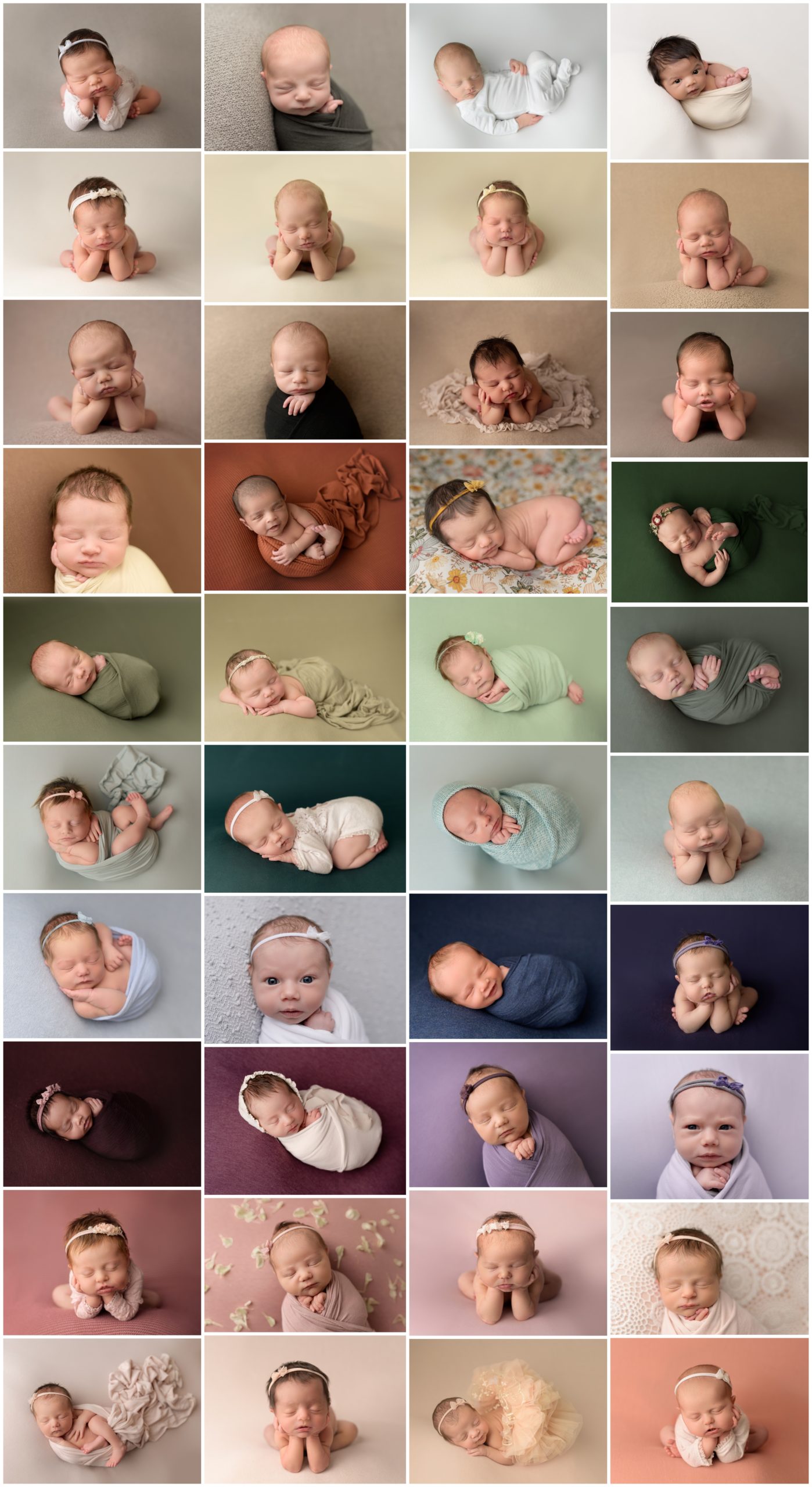 Every colour in the rainbow is show in the collage of baby pictures and multiple backdrop colours. 