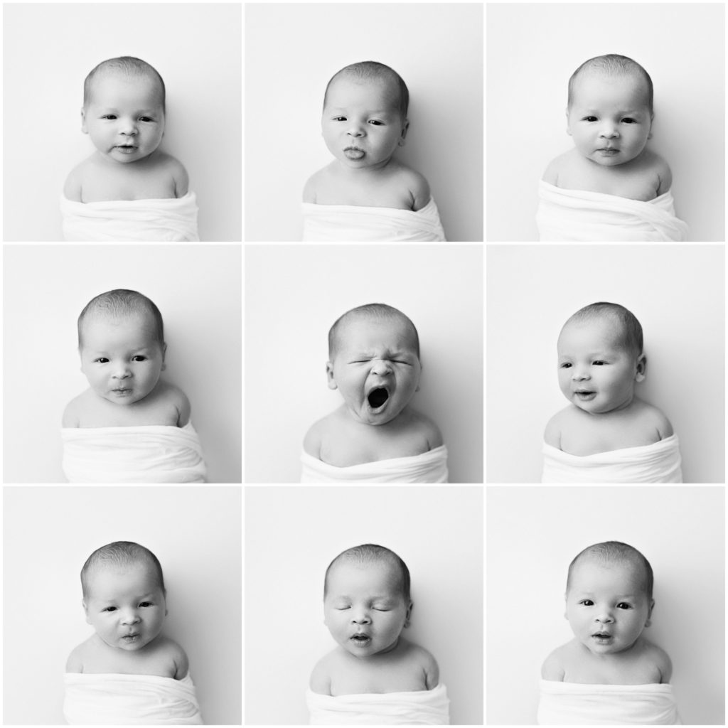 A 9 square collage of baby mugshots that show a baby looking at the camera, sticking out their tongue and yawning. 