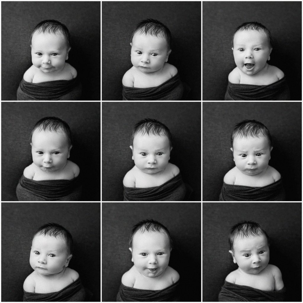 There are nine baby mugshots taken in the saint John studio of a baby who shows a different expression each time.