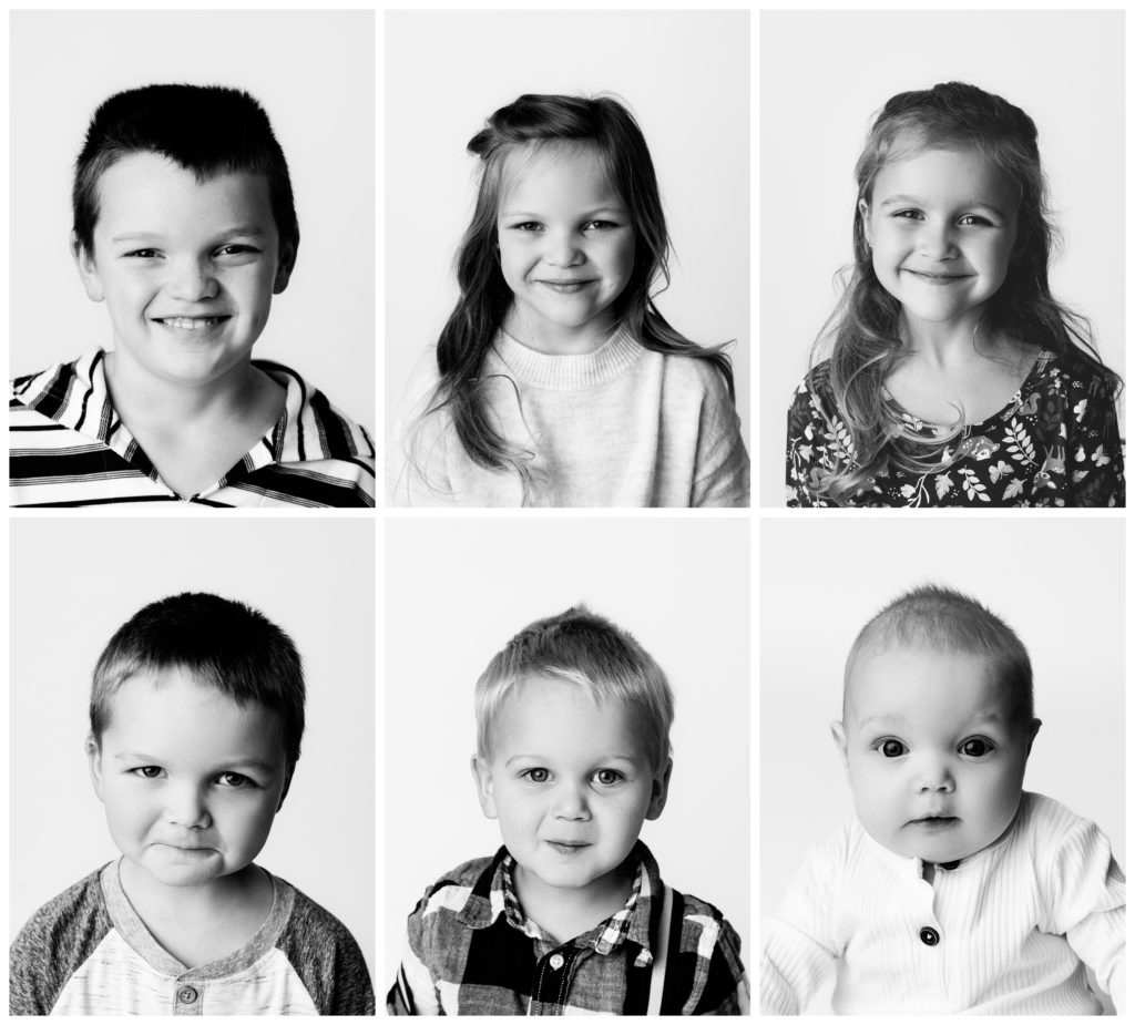 A collage of six children all smiling and smirking at the viewer. The portraits are all black and white. 