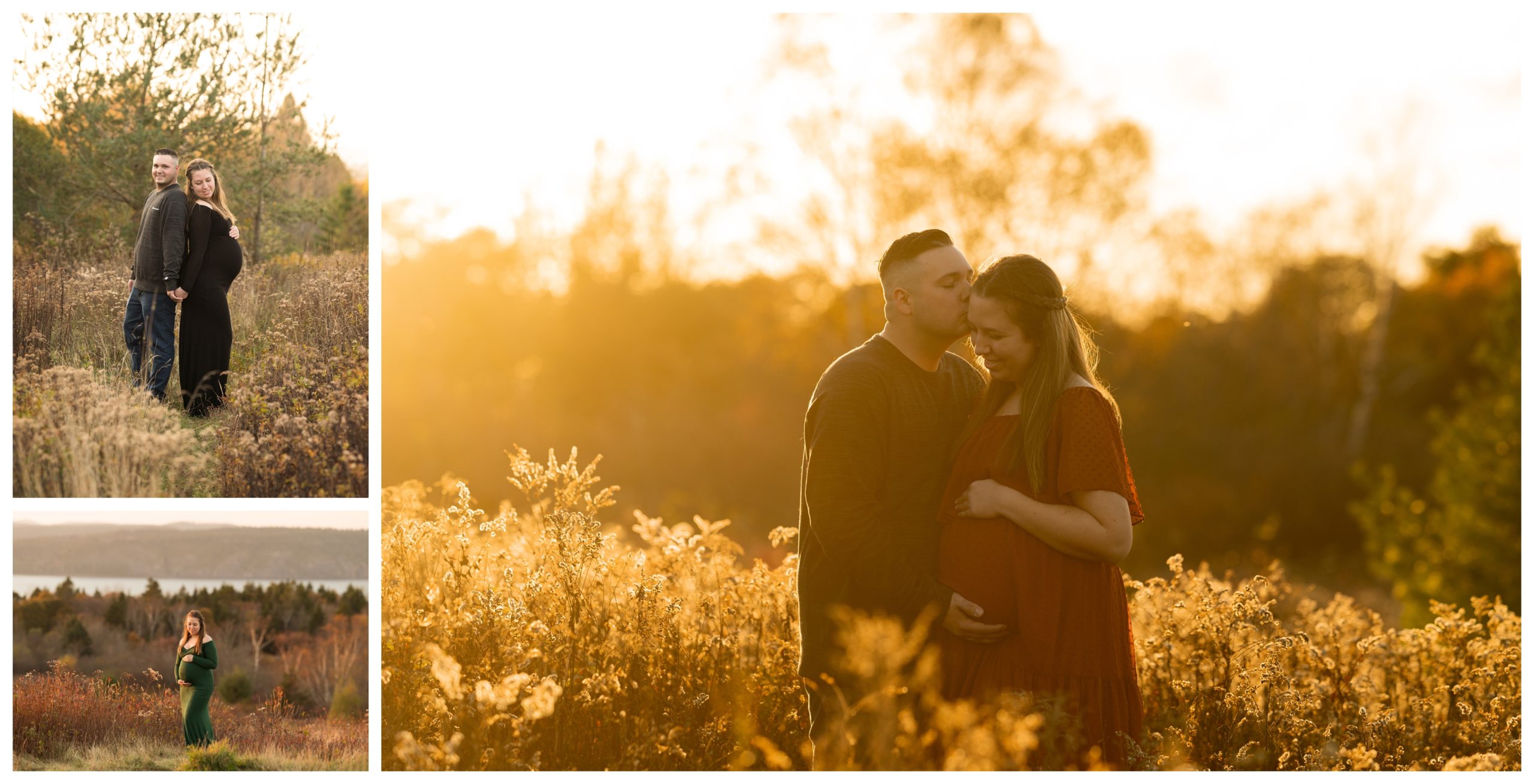 A couple poses in a field on SpyGlass Hill in Rothesay, for their maternity session