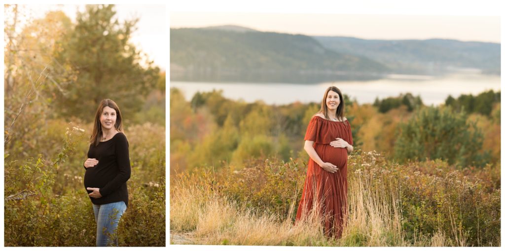A young woman poses for her maternity photos in the top of SpyGlass Hill in Rothesay, NB