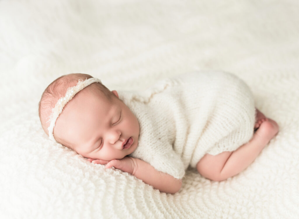 A new baby is sleeping on a knitted cream blanket and wearing a knitted outfit and headband